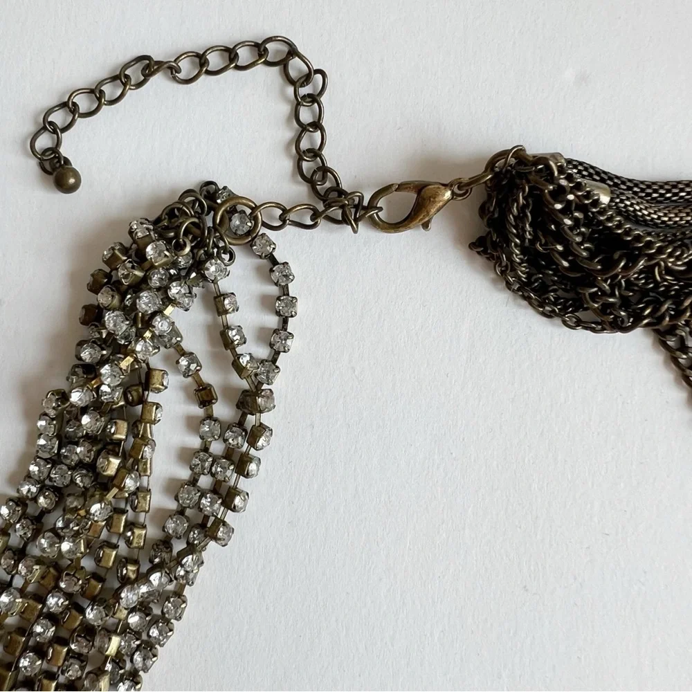 Multi layer chain rhinestone statement necklace brass gold indie y2k - Picture 3 of 9